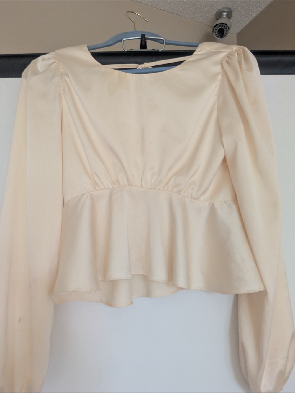 Women's Cream Peplum Blouse with Puff Sleeves